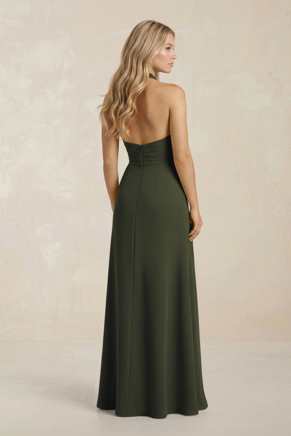 High Neck Chiffon Sheath Ruched Bridesmaid Dress in Olive