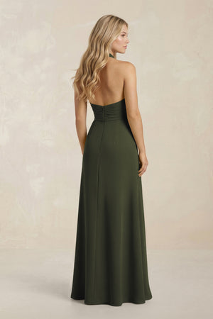High Neck Chiffon Sheath Ruched Bridesmaid Dress in Olive (2) | KISSBRIDAL