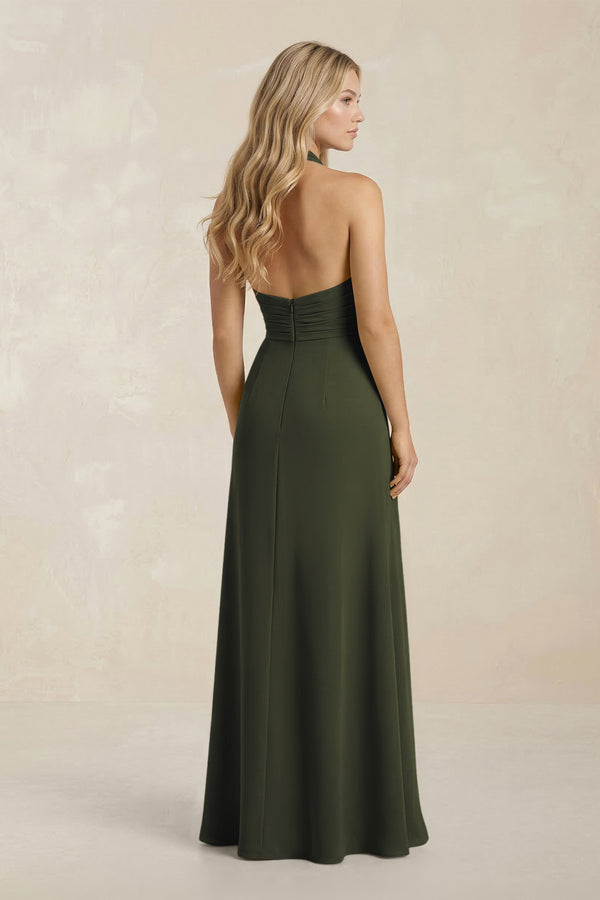 High Neck Chiffon Sheath Ruched Bridesmaid Dress in Olive (2) | KISSBRIDAL