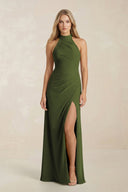 High Neck Chiffon Sheath Ruched Bridesmaid Dress in Olive - SHE IS ME Bridesmaid Dresses