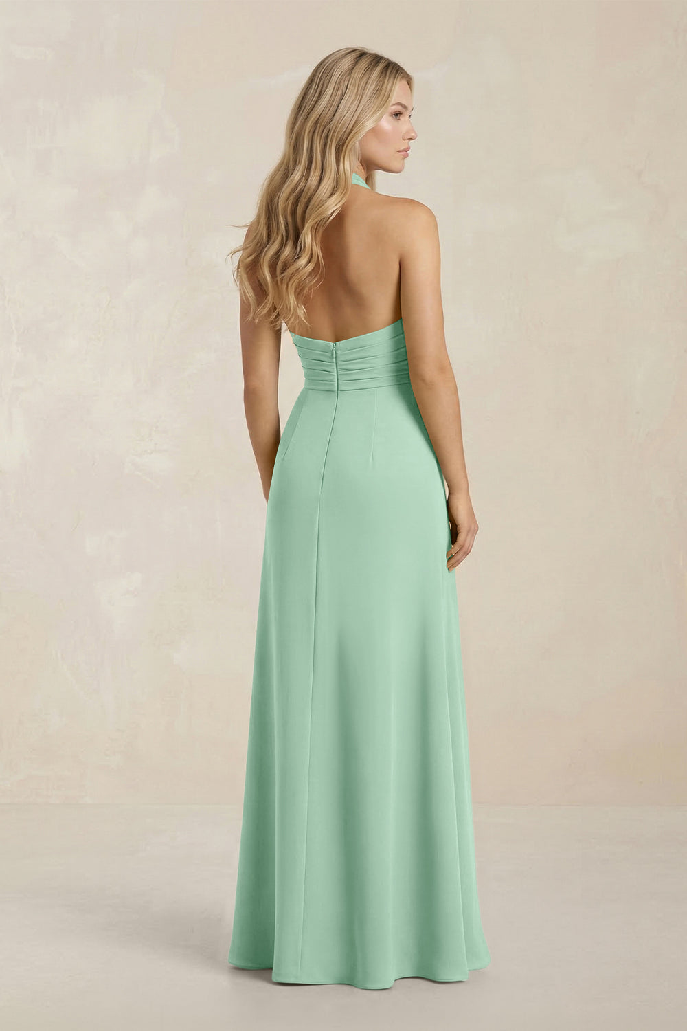 High Neck Chiffon Sheath Ruched Bridesmaid Dress in Pale Pistachio