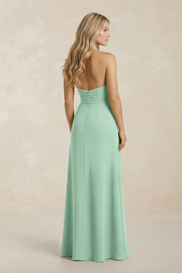 High Neck Chiffon Sheath Ruched Bridesmaid Dress in Pale Pistachio (2) | KISSBRIDAL