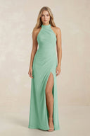 High Neck Chiffon Sheath Ruched Bridesmaid Dress in Pale Pistachio - SHE IS ME Bridesmaid Dresses