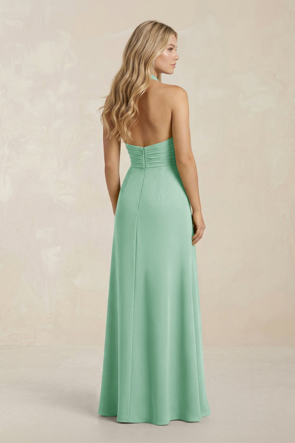 High Neck Chiffon Sheath Ruched Bridesmaid Dress in Pale Pistachio - KISS BRIDAL Bridesmaid Dresses