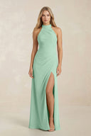 High Neck Chiffon Sheath Ruched Bridesmaid Dress in Pale Pistachio | KISSBRIDAL