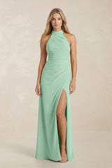 High Neck Chiffon Sheath Ruched Bridesmaid Dress in Pale Pistachio | KISSBRIDAL