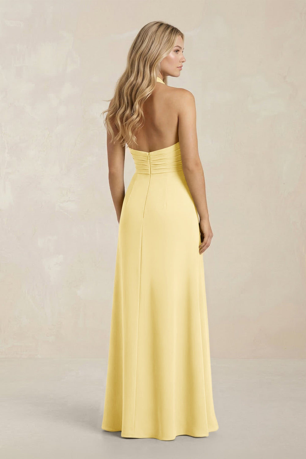 High Neck Chiffon Sheath Ruched Bridesmaid Dress in Pastel Yellow - KISS BRIDAL Bridesmaid Dresses