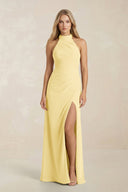 High Neck Chiffon Sheath Ruched Bridesmaid Dress in Pastel Yellow - SHE IS ME Bridesmaid Dresses
