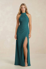 High Neck Chiffon Sheath Ruched Bridesmaid Dress in Pine - KISS BRIDAL Bridesmaid Dresses
