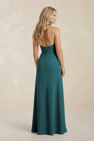 High Neck Chiffon Sheath Ruched Bridesmaid Dress in Pine - SHE IS ME Bridesmaid Dresses