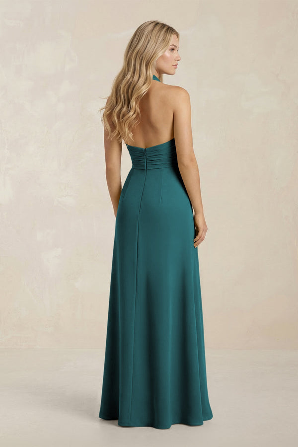 High Neck Chiffon Sheath Ruched Bridesmaid Dress in Pine - SHE IS ME Bridesmaid Dresses