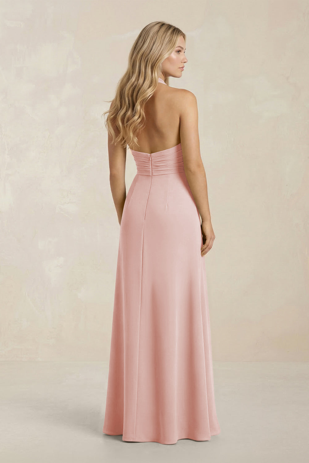 High Neck Chiffon Sheath Ruched Bridesmaid Dress in Rose Petal