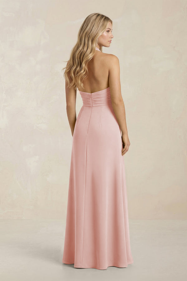 High Neck Chiffon Sheath Ruched Bridesmaid Dress in Rose Petal (2) | KISSBRIDAL