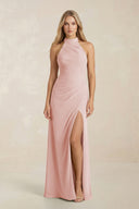 High Neck Chiffon Sheath Ruched Bridesmaid Dress in Rose Petal | KISSBRIDAL