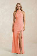 High Neck Chiffon Sheath Ruched Bridesmaid Dress in Rosette - SHE IS ME Bridesmaid Dresses