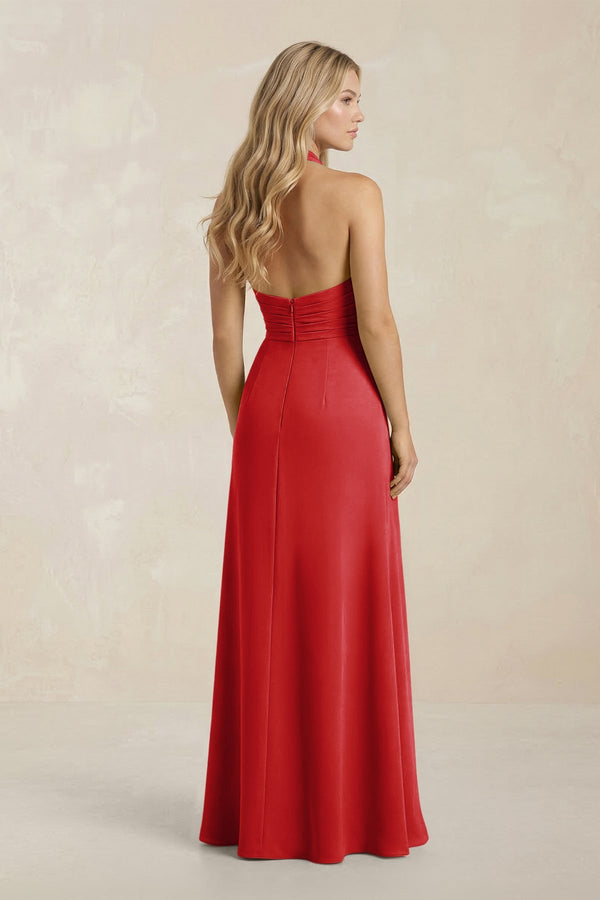High Neck Chiffon Sheath Ruched Bridesmaid Dress in Ruby Red - SHE IS ME Bridesmaid Dresses