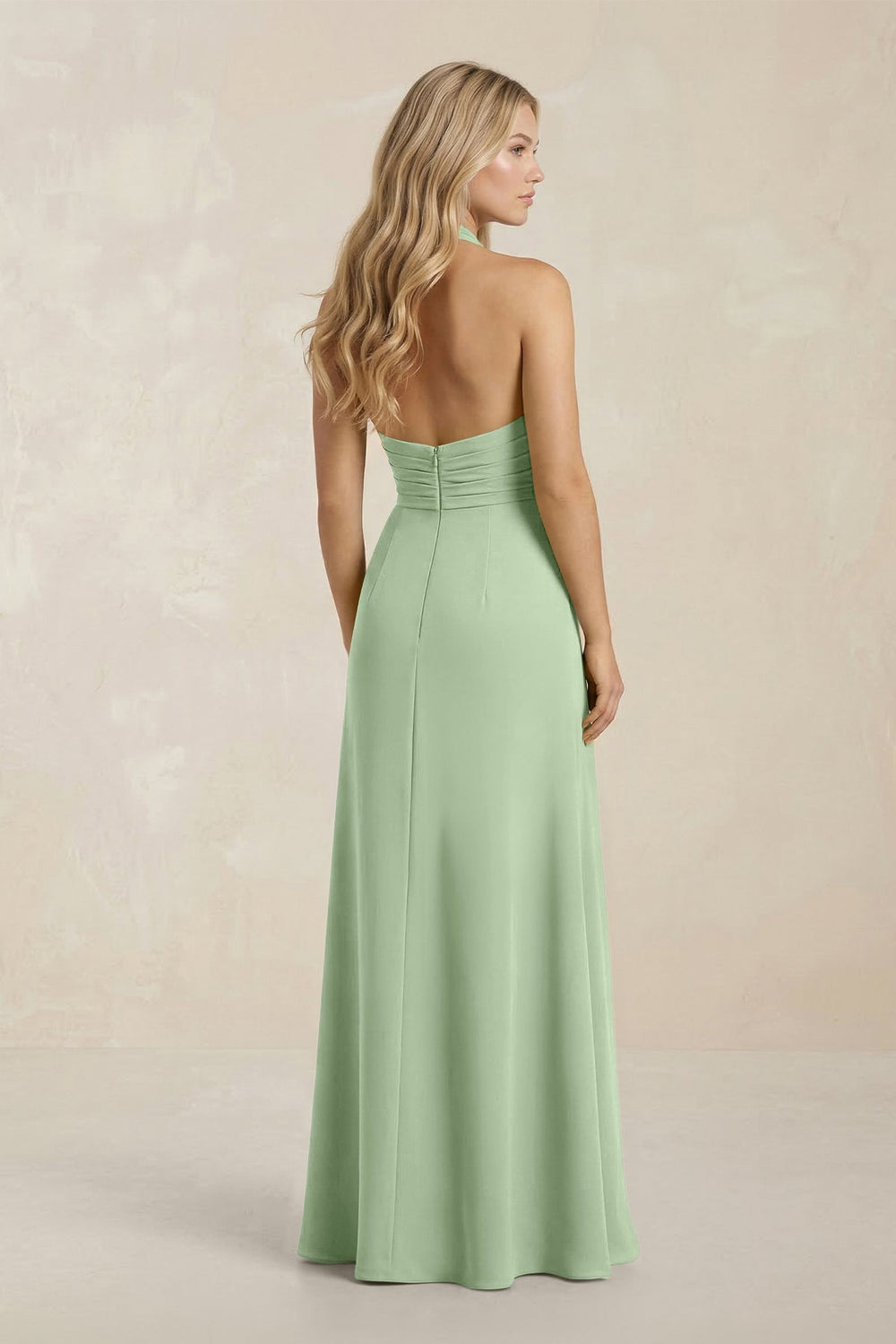 High Neck Chiffon Sheath Ruched Bridesmaid Dress in Sage - KISS BRIDAL Bridesmaid Dresses