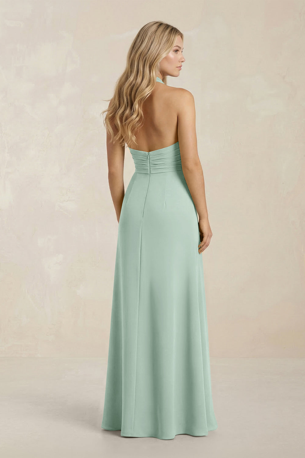 High Neck Chiffon Sheath Ruched Bridesmaid Dress in Sage