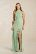 High Neck Chiffon Sheath Ruched Bridesmaid Dress in Sage - SHE IS ME Bridesmaid Dresses