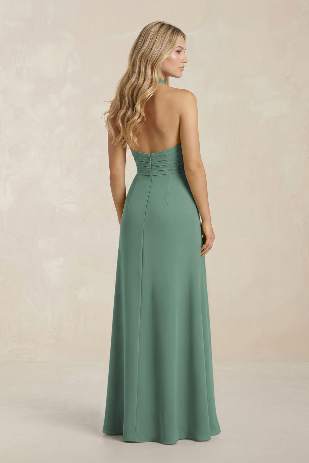 High Neck Chiffon Sheath Ruched Bridesmaid Dress in Sea Glass