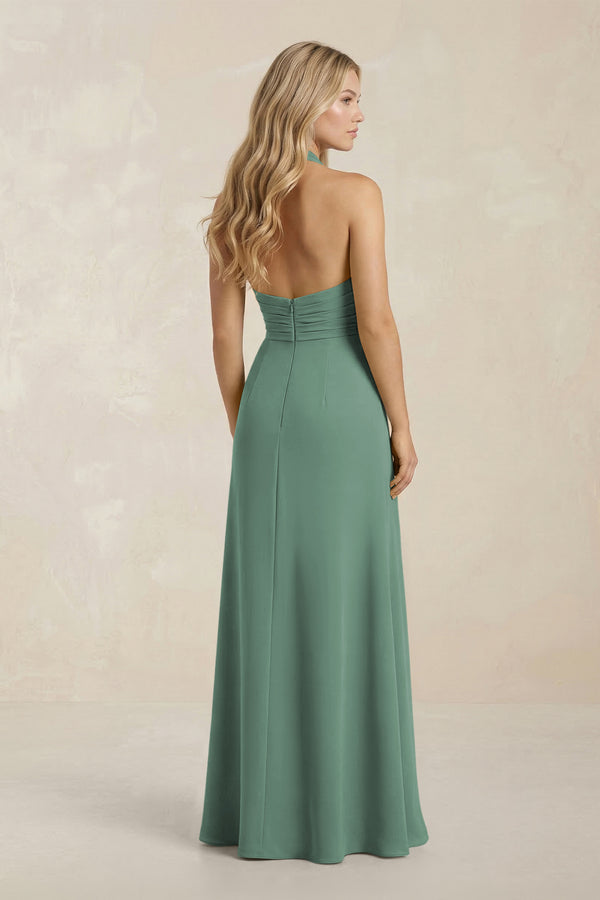 High Neck Chiffon Sheath Ruched Bridesmaid Dress in Sea Glass (2) | KISSBRIDAL