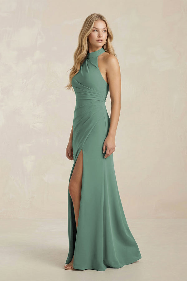 High Neck Chiffon Sheath Ruched Bridesmaid Dress in Sea Glass (3) | KISSBRIDAL