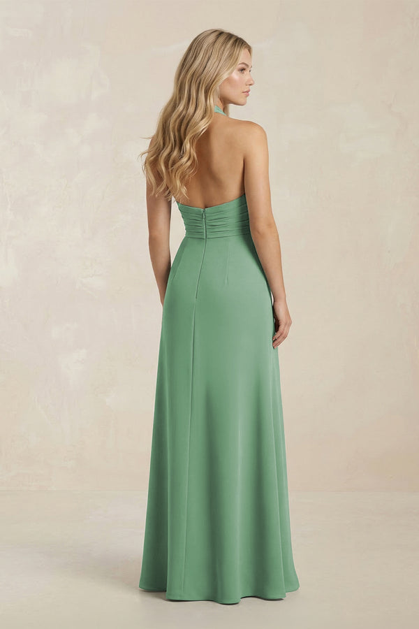 High Neck Chiffon Sheath Ruched Bridesmaid Dress in Sea Glass - SHE IS ME Bridesmaid Dresses