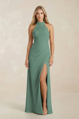 High Neck Chiffon Sheath Ruched Bridesmaid Dress in Sea Glass | KISSBRIDAL