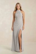 High Neck Chiffon Sheath Ruched Bridesmaid Dress in Silver - SHE IS ME Bridesmaid Dresses