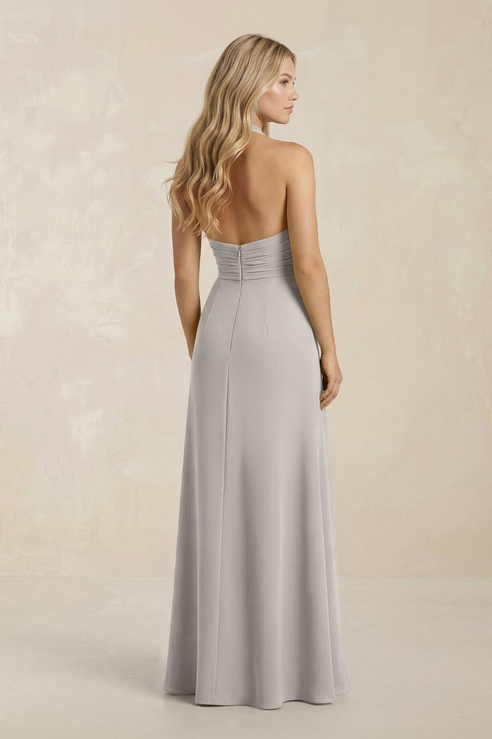 High Neck Chiffon Sheath Ruched Bridesmaid Dress in Silver - KISS BRIDAL Bridesmaid Dresses