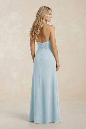 High Neck Chiffon Sheath Ruched Bridesmaid Dress in Sky Blue (2) | KISSBRIDAL
