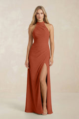 High Neck Chiffon Sheath Ruched Bridesmaid Dress in Spice - KISS BRIDAL Bridesmaid Dresses