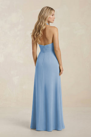 High Neck Chiffon Sheath Ruched Bridesmaid Dress in Steel Blue (2) | KISSBRIDAL