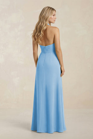 High Neck Chiffon Sheath Ruched Bridesmaid Dress in Steel Blue - SHE IS ME Bridesmaid Dresses