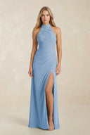 High Neck Chiffon Sheath Ruched Bridesmaid Dress in Steel Blue | KISSBRIDAL