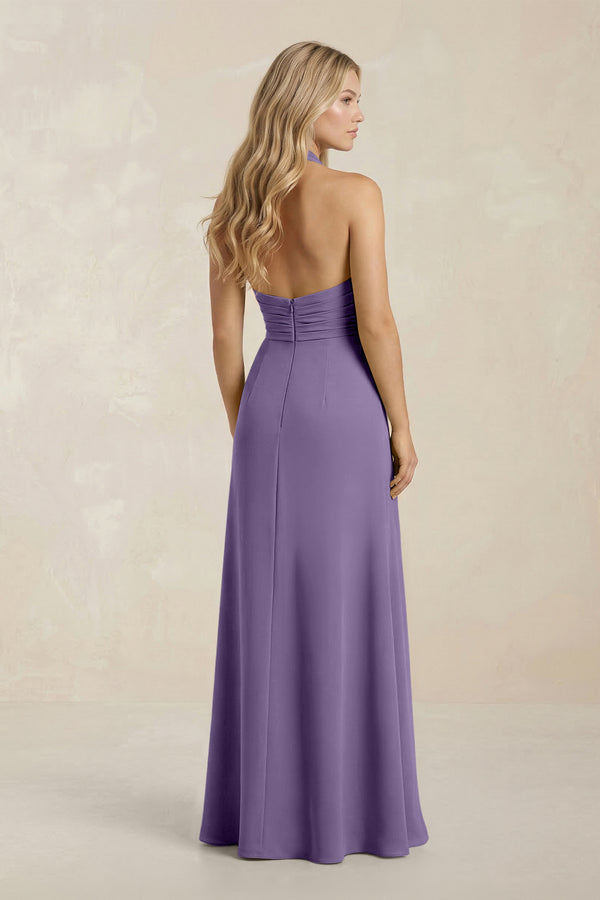 High Neck Chiffon Sheath Ruched Bridesmaid Dress in Tahiti (2) | KISSBRIDAL