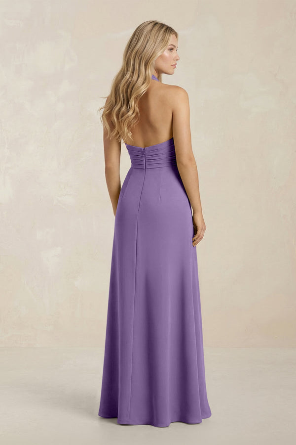 High Neck Chiffon Sheath Ruched Bridesmaid Dress in Tahiti - SHE IS ME Bridesmaid Dresses