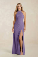 High Neck Chiffon Sheath Ruched Bridesmaid Dress in Tahiti | KISSBRIDAL