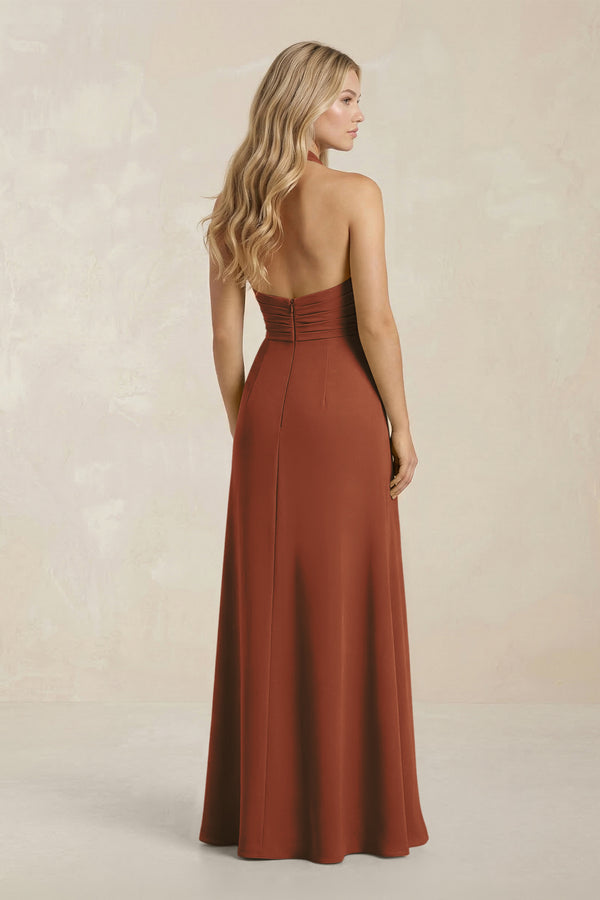 High Neck Chiffon Sheath Ruched Bridesmaid Dress in Terracotta (2) | KISSBRIDAL