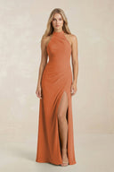 High Neck Chiffon Sheath Ruched Bridesmaid Dress in Terracotta - SHE IS ME Bridesmaid Dresses