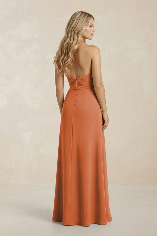 High Neck Chiffon Sheath Ruched Bridesmaid Dress in Terracotta - SHE IS ME Bridesmaid Dresses