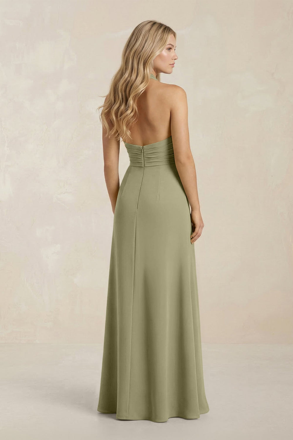 High Neck Chiffon Sheath Ruched Bridesmaid Dress in Thyme - KISS BRIDAL Bridesmaid Dresses
