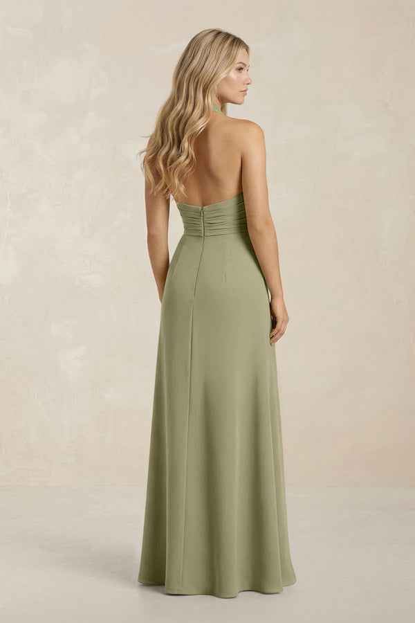 High Neck Chiffon Sheath Ruched Bridesmaid Dress in Thyme - SHE IS ME Bridesmaid Dresses