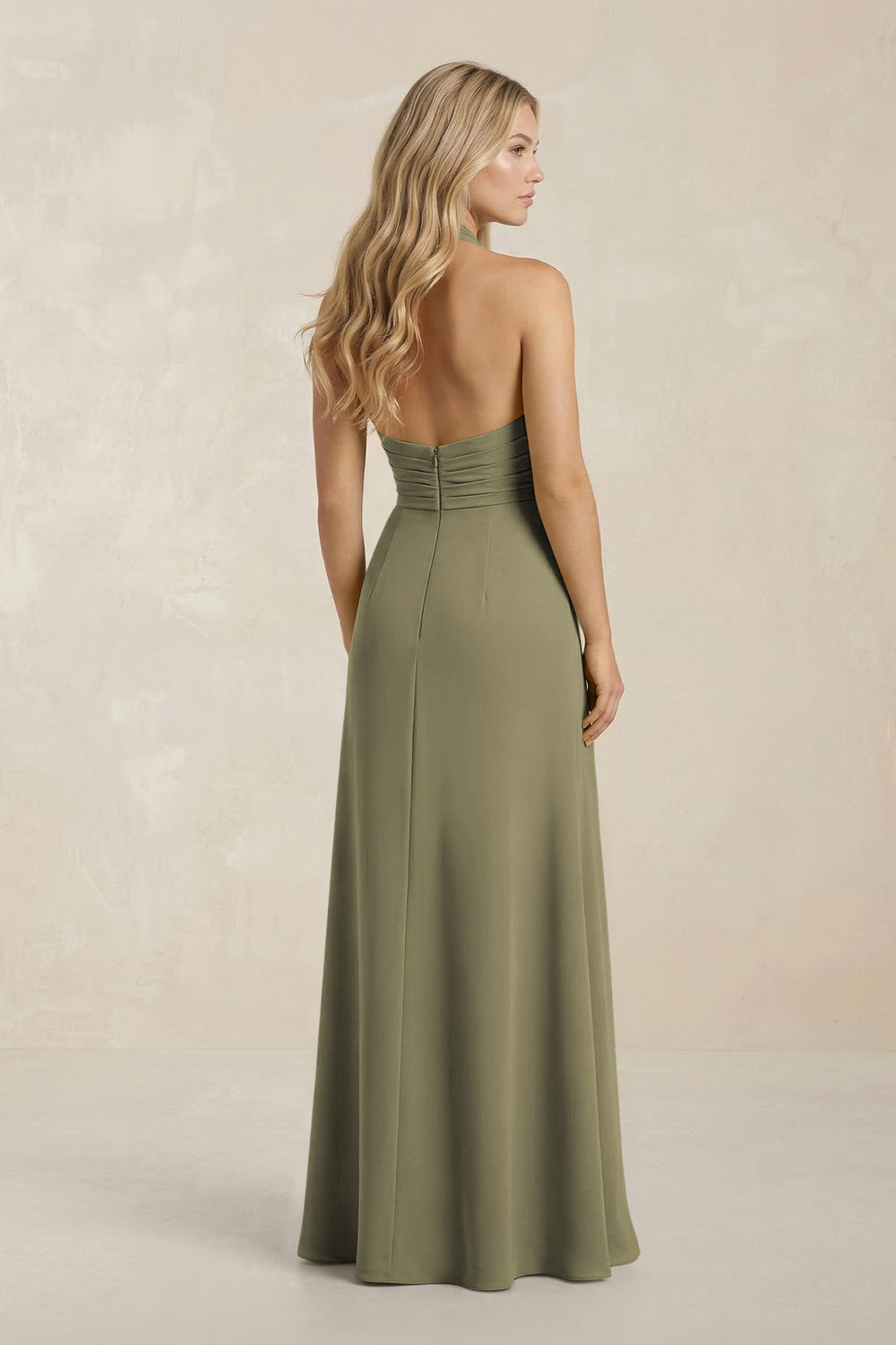 High Neck Chiffon Sheath Ruched Bridesmaid Dress in Thyme