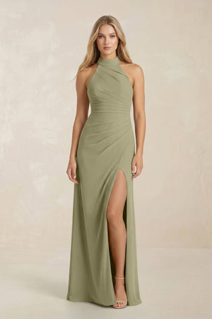 High Neck Chiffon Sheath Ruched Bridesmaid Dress in Thyme - SHE IS ME Bridesmaid Dresses