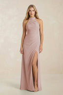 High Neck Chiffon Sheath Ruched Bridesmaid Dress in Toffee - SHE IS ME Bridesmaid Dresses
