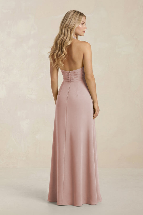 High Neck Chiffon Sheath Ruched Bridesmaid Dress in Toffee - SHE IS ME Bridesmaid Dresses