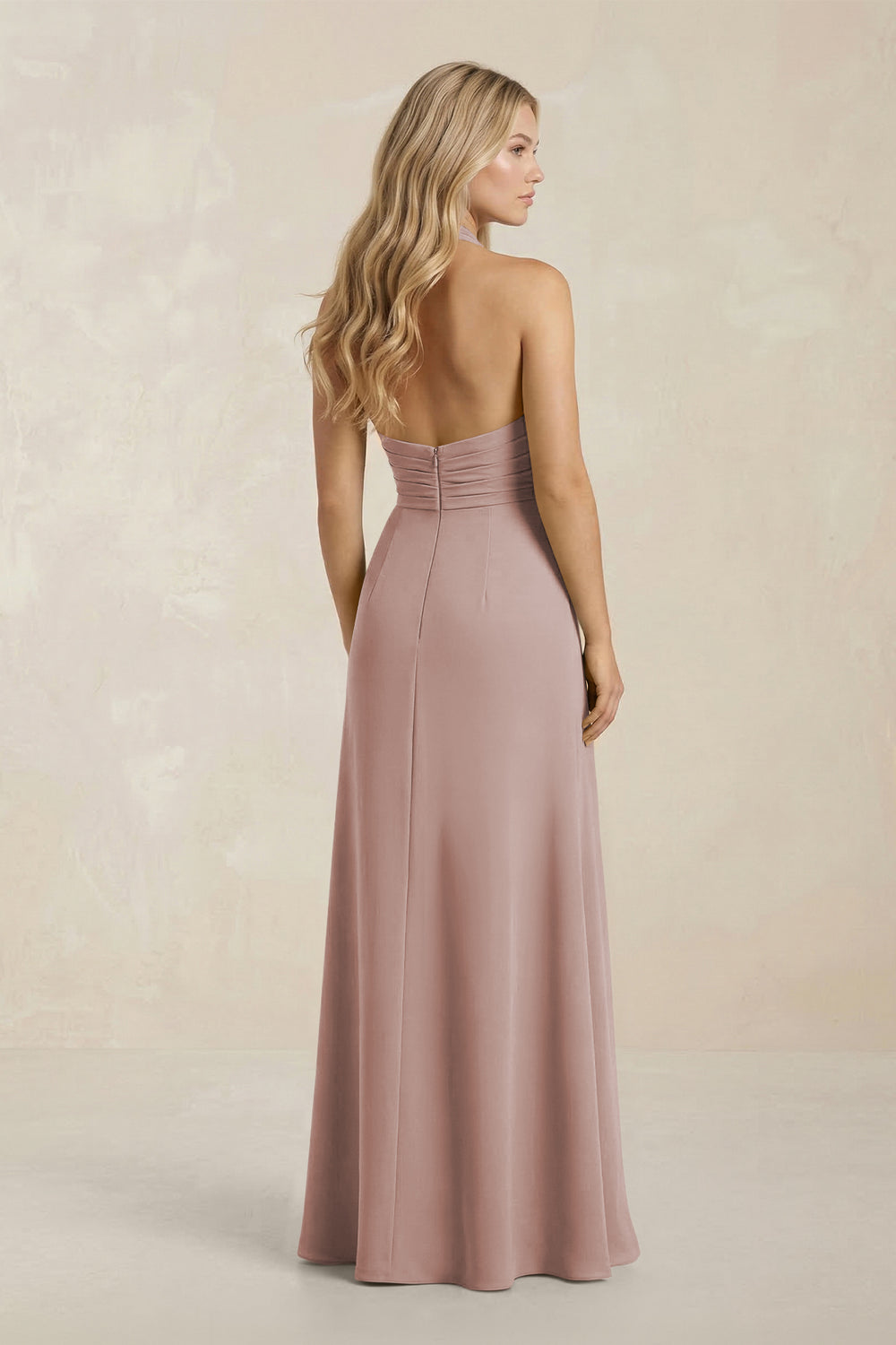 High Neck Chiffon Sheath Ruched Bridesmaid Dress in Toffee