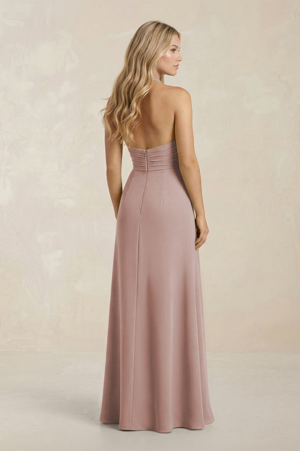 High Neck Chiffon Sheath Ruched Bridesmaid Dress in Toffee (2) | KISSBRIDAL