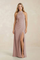High Neck Chiffon Sheath Ruched Bridesmaid Dress in Toffee | KISSBRIDAL
